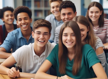 A group of teenagers reading colorful mental health booklets together in a cozy community center.