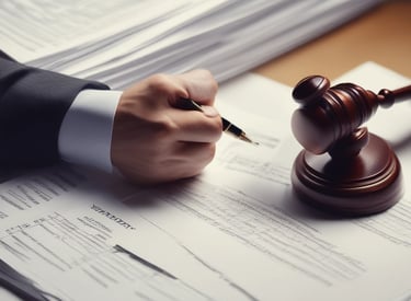 A lawyer consulting with a client, surrounded by legal books and documents.