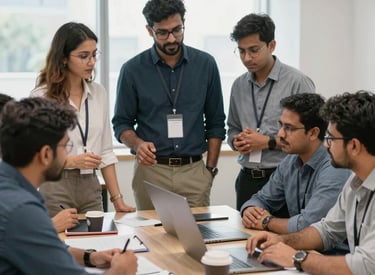 Business professionals discussing IT strategy around a conference table.