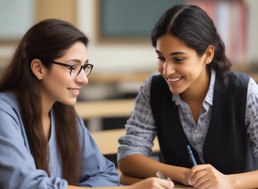 Woman helps girl with homework at desk.