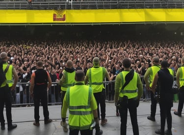 Security personnel managing a large crowd at an outdoor event during sunset.