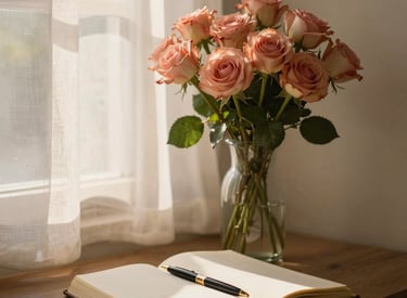 A serene morning scene with a journal, a cup of tea, and collagen supplements on a wooden table bathed in soft sunlight.