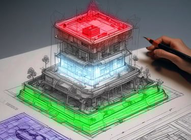 a person drawing a building with a pencil and a pencil