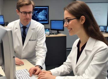 Data scientists collaborating over complex machine learning algorithms on screens.