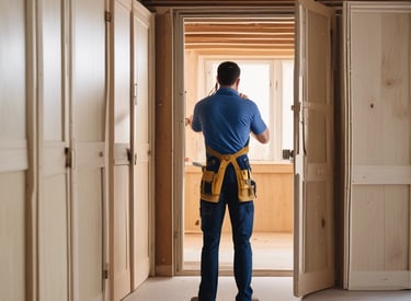 Close-up of a craftsman fitting a custom wooden frame in a bright workshop.