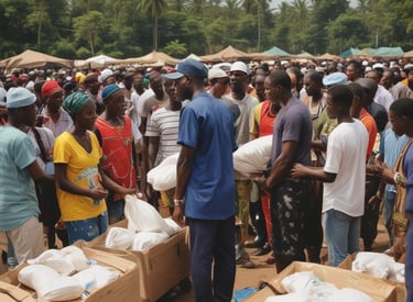 Volunteers distributing food and clothes in a community center