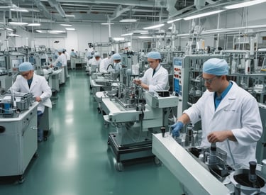 Industrial factory floor with machinery and workers.