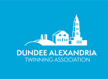 Dundee Alexandria Twinning Association logo featuring a white skyline on a blue background.