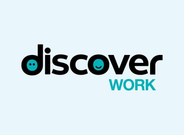 Discover Work logo with black text and teal smiley face icons on a light background.