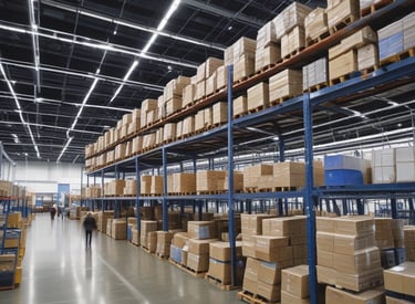 A bustling warehouse filled with shelves of consumer electronics ready for distribution.