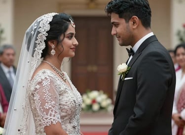 A bride in a white embroidered South Asian gown and a groom in a black tuxedo during a wedding ceremony.