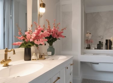 A glamorous bathroom featuring gold fixtures and elegant marble surfaces.