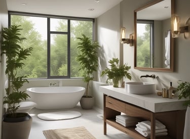 A serene luxury spa bathroom with soft lighting and natural stone accents.
