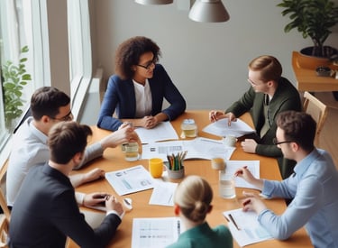 A confident consultant discussing business plans with a small team around a conference table.