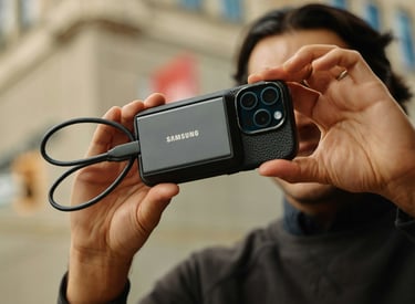 A video creator filming with an iPhone using an attached external Samsung SSD