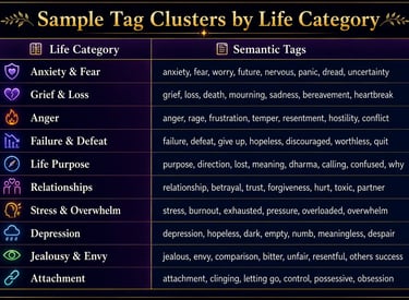 Chart showing sample tag clusters for life categories like anxiety, grief, and relationships with semantic keywords.