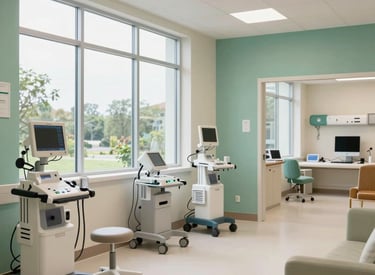Interior of a modern, airy healthcare facility in North American style with large windows and soft off-white and medium green accents, depicting professional medical equipment and a comfortable, trustworthy environment.