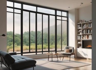A bright living room with large windows featuring sleek, tinted glass that softens sunlight.