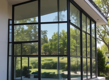 A stylish conference room showcasing decorative window films with geometric patterns.