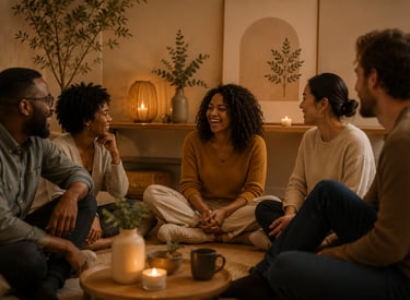 A diverse group of friends talking and laughing in a cozy, candlelit living room.