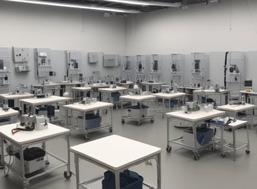 A modern manufacturing facility with automated machinery assembling medical devices.