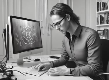 A modern brand logo design process displayed on a dark workspace with green neon accents.