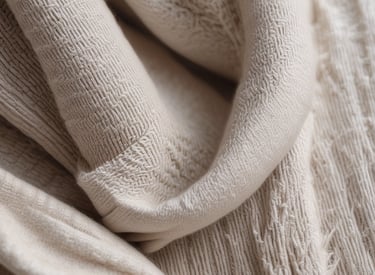 Stacks of folded woven and knitted fabrics in a bright warehouse setting.