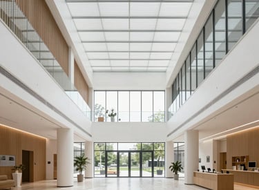 A bright, modern interior design office space with sleek furniture and warm lighting.