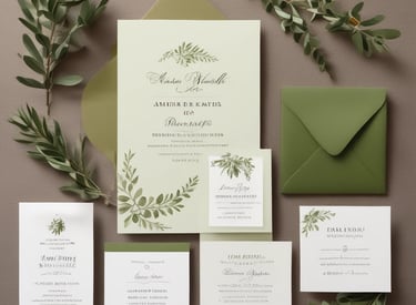Colorful custom invitation cards with playful designs and elegant typography on a wooden table.