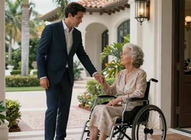 A friendly companion sharing a warm conversation with a smiling senior in a cozy living room.