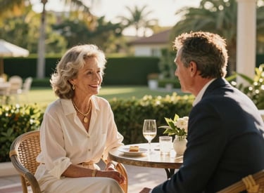 A companion and senior enjoying a peaceful walk together in a South Florida park.