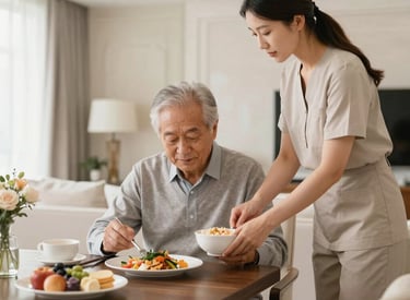 A companion helping a senior prepare a simple meal in a bright kitchen.