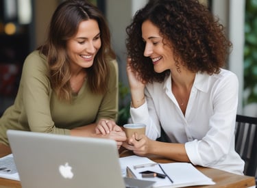 A confident woman founder speaking with a mentor during a coaching session.