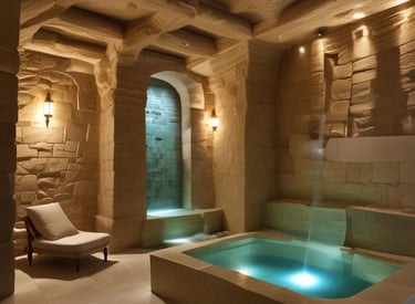 A serene Turkish hammam room with warm lighting and marble interiors.