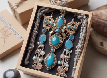 Collar artesanal llamativo en turquesa y detalles dorados, presentado en una caja de regalo elegante