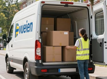 Movers carefully carrying furniture down a bright apartment stairwell.