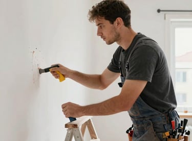 A craftsman painting a wooden wall inside a cozy home.