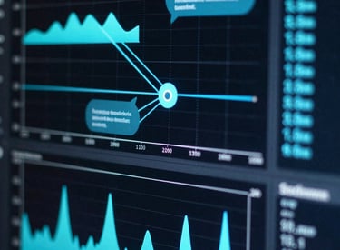 Low-key, dramatic macro shot of a real-time system dashboard displaying conversational latency graphs and node-based routing lines in electric-cyan tones.