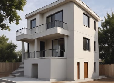 A modern residential building with well-maintained landscaping under a clear sky.