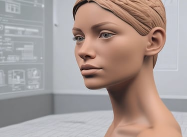 A sleek 3D scanner device capturing the contours of a sculpture in a bright studio.