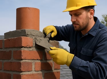 Close-up of a craftsman repairing a brick chimney under a clear blue sky.