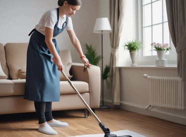 Sunlit room with open windows and a cleaner scrubbing surfaces, surrounded by cleaning supplies.