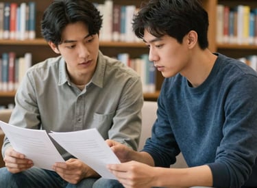 A mentor and a young adult student sitting together in a North American university library, engaged in a focused discussion over academic papers. The background is a blurred wall of books. The lighting is bright and inspiring.