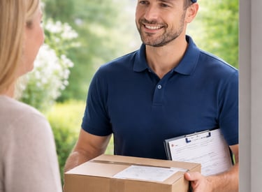 Smiling delivery man in blue uniform handing a cardboard package to a customer at the doorstep.