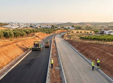 Camino rural y plataforma técnica en ejecución por empresa de obra civil en Sevilla.