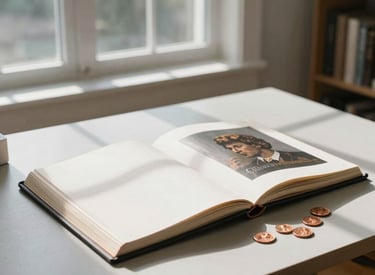 A wide shot of a clean, minimalist study in a North American home. On a light gray table sits a professional collector album and a set of rare copper pennies. Soft morning sunlight streams through a large window.