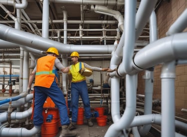 Workers assembling underground sewer pipes with safety gear on site.