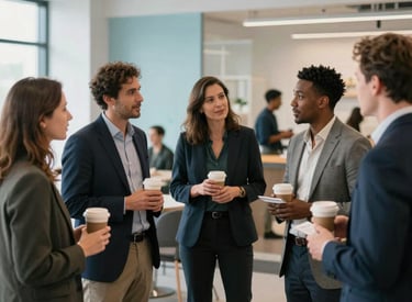 A diverse group of professional entrepreneurs networking in a modern, open-concept community space in Canada. People are engaged in lively conversation, holding coffee cups, and exchanging business cards. The setting is bright and professional with clean lines and pale blue accents.