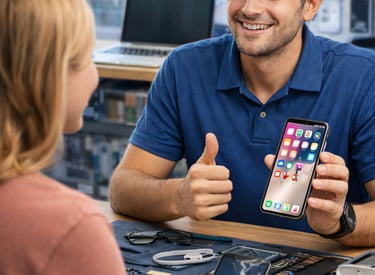Técnico sonriente mostrando un teléfono inteligente reparado a un cliente en un taller de reparación