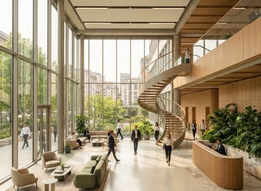 Professional wide shot of a modern Milanese office lobby with clean glass facades and warm sunlight, architectural editorial photography